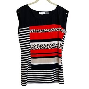 Calvin Klein Womens Sleeveless Top M Black Stripe Leopard Red Colorblock Stretch